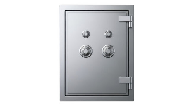 A shiny metal safe door with combination locks isolated on transparent background