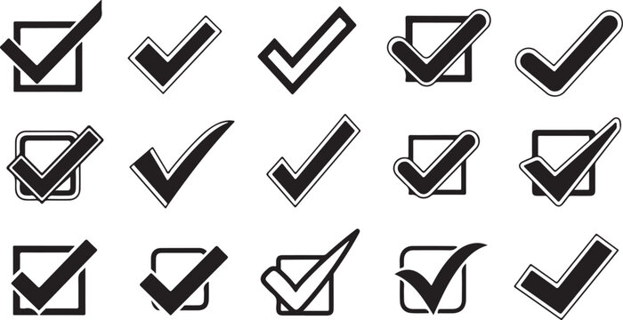 Collection of checkmark icons in black and white colors