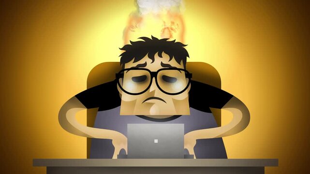burned out nerd man working on computer with head on fire and smoke