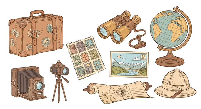Vintage Travel Essentials Collection: Globe Binoculars Camera and Exploration Gear