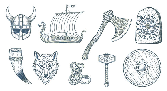 Collection of Historical Mythology Elements: Axe Ship Shield Helmet and Wolf