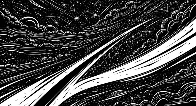 Abstract illustration of a starry night sky with clouds and bright lines
