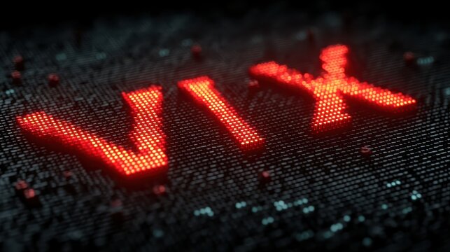 Close-up of glowing red "VIX" text on a dark digital circuit board representing the volatility index in finance.
