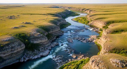 Naklejka premium Aerial view of a winding river flowing through a vast grassy valley