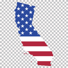 Fototapeta premium Map of California filled with the United States flag pattern, isolated on transparent background for geography and infographic use.