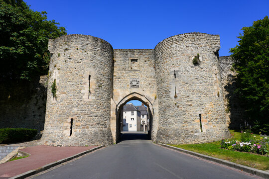The medieval Porte de Gayole gate with its massive stone towers and historic ramparts, Boulogne-sur-Mer, France