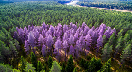 Obraz premium Aerial view of a forest with trees having purple leaves