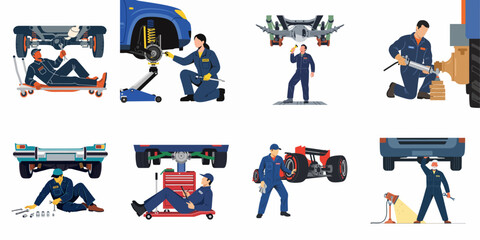 Obraz premium Set of flat vector illustrations featuring various professional male and female mechanics repairing and maintaining cars in an auto service garage.