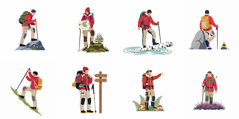 Fototapeta premium Set of illustrations depicting various hikers in outdoor gear engaged in activities like climbing, map reading, and trekking across different terrains.