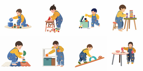 Fototapeta premium Set of Illustrations Showing a Toddler Engaged in Various Play and Learning Activities with Wooden Blocks, Toys, and Furniture