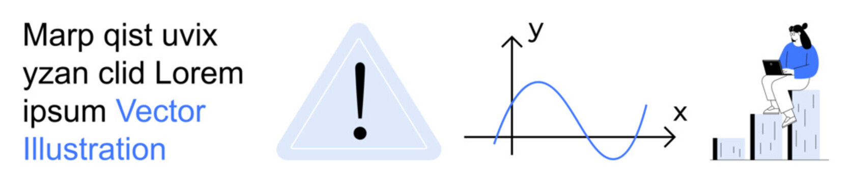 Education, analytics, warnings, productivity, growth, data visualization. Alert triangle, graph with XY axes woman on stacked bars with a laptop. Analytics and education clearly