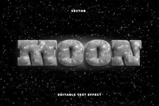 Moon 3d editable text effect with lunar crater texture on space background with stars
