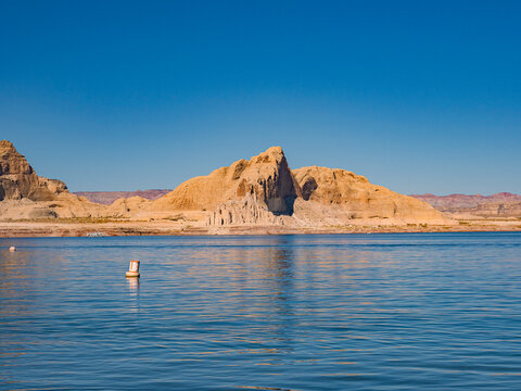 The mountain and lake landscape at Lake Powell, Arizona.