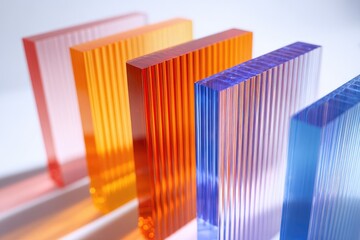Obraz premium Close-up of translucent, ridged, rectangular objects in various vibrant colors, casting shadows