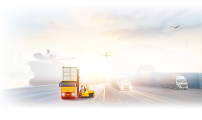 forklift handling container box loading to truck in import export logistic, Business logistics concept