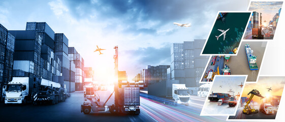 Global business of Container Cargo freight train for Business logistics concept, Air cargo trucking, Rail transportation and maritime shipping, Online goods orders worldwide