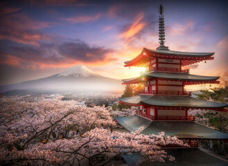 Fujiyoshida, Japan Beautiful view of mountain Fuji and Chureito pagoda at sunset, japan in the spring with cherry blossoms