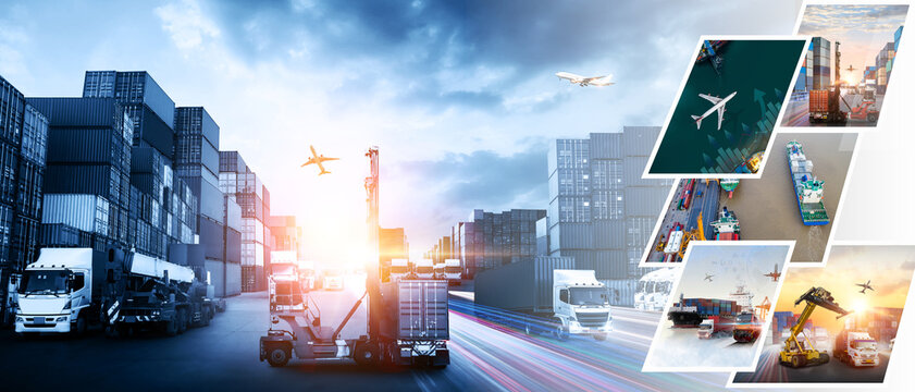Global business of Container Cargo freight train for Business logistics concept, Air cargo trucking, Rail transportation and maritime shipping, Online goods orders worldwide