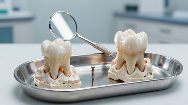Dental implant tray with teeth or Silver tray holding dental implants or Two artificial teeth on a tray