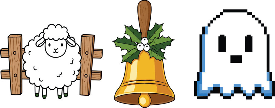 Vector icon set featuring cute sheep near wooden fence, Christmas holiday bell with holly leaves, and pixel style ghost character illustration