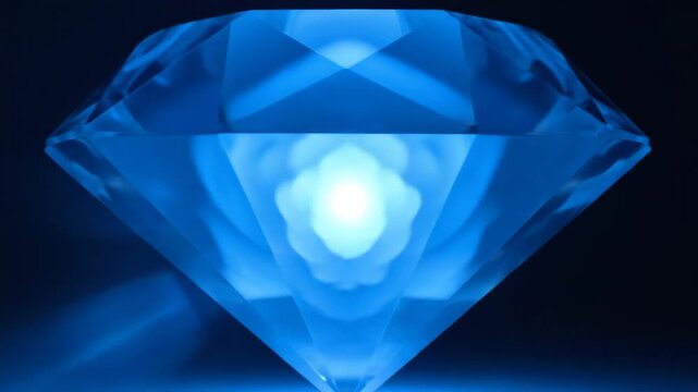 A large blue diamond with a bright light shining through it on a dark background