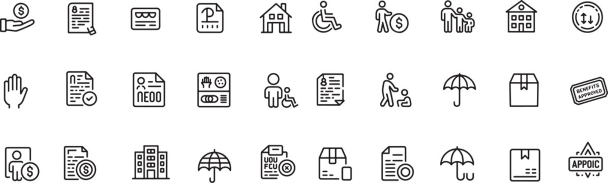 Collection of thin line icons representing various objects and concepts, graphic design element