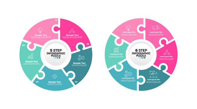 circle diagram infographic 5, 6 option step puzzle for template presentation business, web, annual, poster, etc. vector editable 