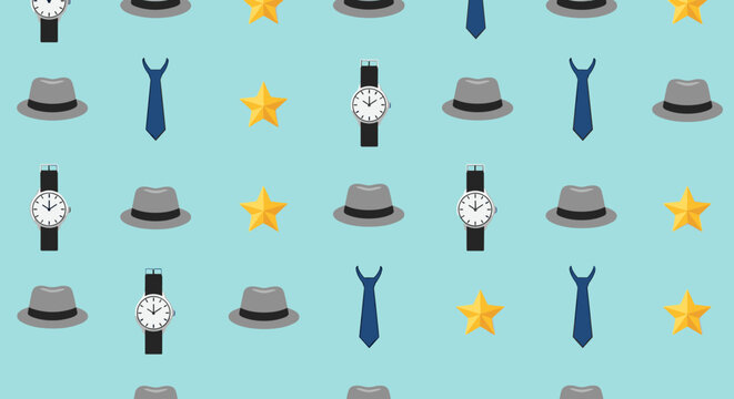 Stylish Pattern of Hats Ties Watches and Stars on a Blue Background
