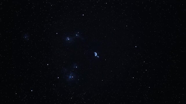 Zooming out blue planet Earth shrinking into distant crescent in space, revealing nebula clusters