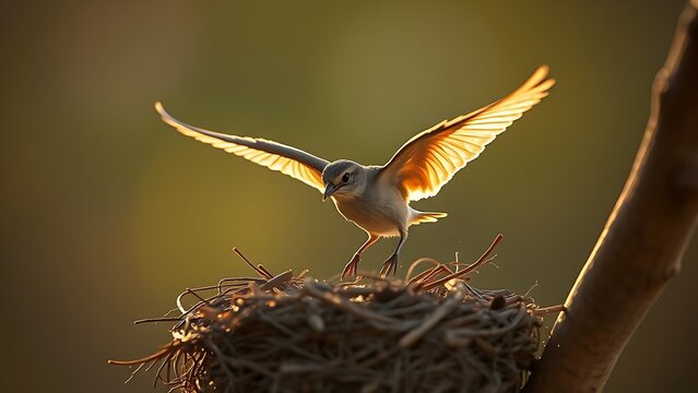 felonious. A young bird's first flight from the nest during the golden morning light. wildlife magazines, conservation campaigns, designed for nature documentaries and education.