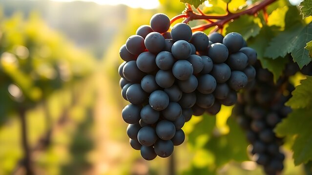 generality. A single cluster of Cabernet Sauvignon grapes glistening with dew in a vineyard under soft sunlight. gardening catalogs, home-decor guides, designed for home decor and floral branding.