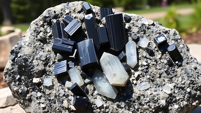 pegmatite. Granite pegmatite specimen with black tourmaline and white feldspar crystals. gardening catalogs, home-decor guides, designed for gardening and botanical catalogs, celebrates nature.