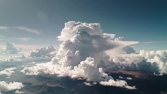 Pulling back drone showing towering cumulonimbus cloud over dry land for scale, anvil and cumulus