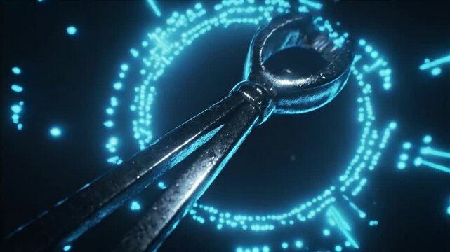 Rotating metallic two-pronged clamp reflecting cyan rings in dark void, rings intensifying behind