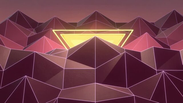 Scene starting, sinking glowing yellow triangle meeting central neon lowpoly ridge, lighting facets