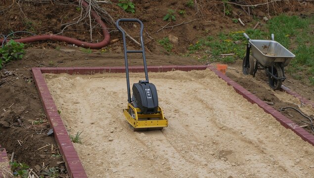 Ground preparation work in progress at an outdoor construction site, featuring a vibrating plate compactor meticulously compacting a layer of sand for a new foundation or landscaping project