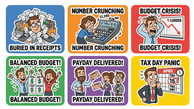 Set of 6 finance and budgeting office stickers showing receipts overload number crunching budget crisis balanced budget payday success and tax day panic scenes for business accounting illustration