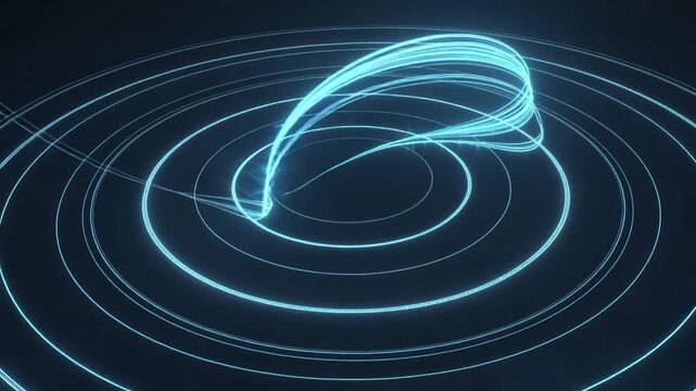 Entering from left, neon-cyan paired light ribbon threading concentric rings in void, forming plume