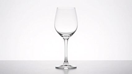 Fototapeta premium A clear wine glass with a slender stem and wide bowl tapers toward the rim, standing upright on a white background with elegant reflective highlights.