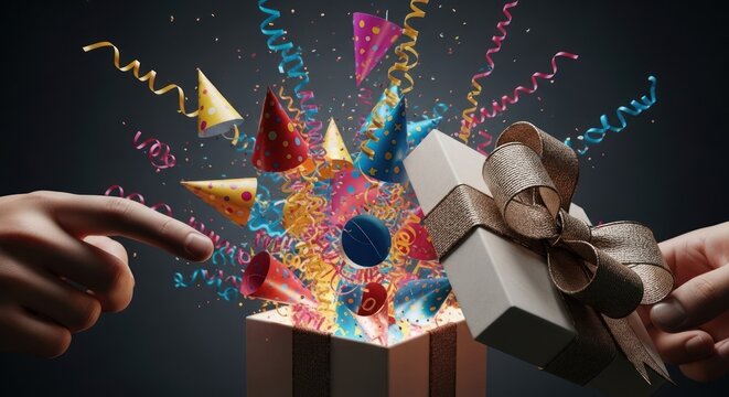 Gift box exploding with party elements on dark background