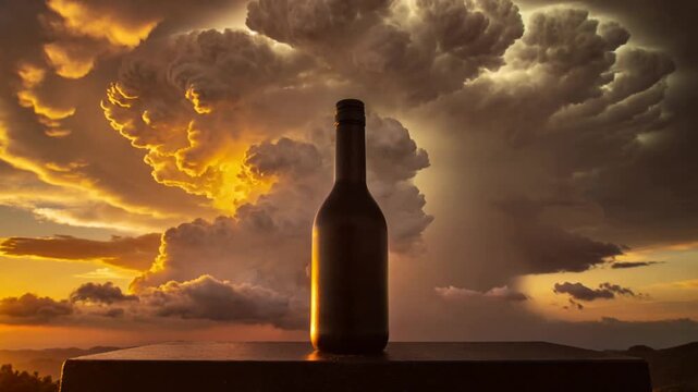 Bottle sitting on platform as sunset light triggers storm cloud evolving, creating rim glow for ads