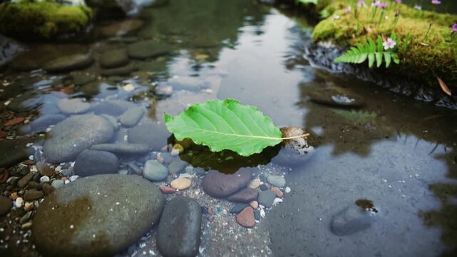 Drifting single green leaf pushed by eddies, moving along shallow creek, rotating around round rock