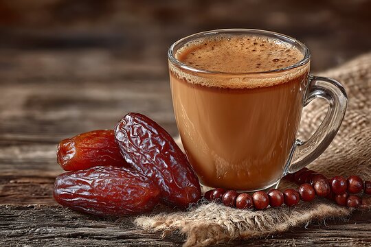 Cup of Coffee with Dates on Wooden Table.