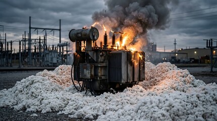 Naklejka premium A high-voltage transformer erupts in a violent cascade of sparks and acrid smoke amidst piles of soft raw cotton, a powerful metaphor for the volatile intersection of industry and nature