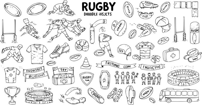 Rugby Doodle Set: Hand-Drawn Collection of Rugby Objects