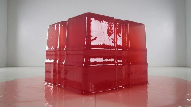 Impulse hitting red gelatin cube, cube ejecting gel ribbons across white lightbox floor, puddle