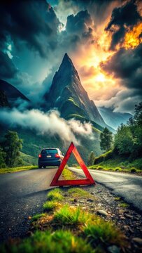 A photo of a vibrant warning triangle on a scenic mountain road beside a stranded car signals emergency, bright red against green foliage, sharp trian
