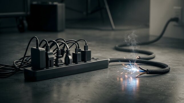 A surge of electric sparks and acrid smoke bursts from a frayed cable connected to an overloaded outlet, a stark visual allegory for the breaking point of neglected and overstrained systems