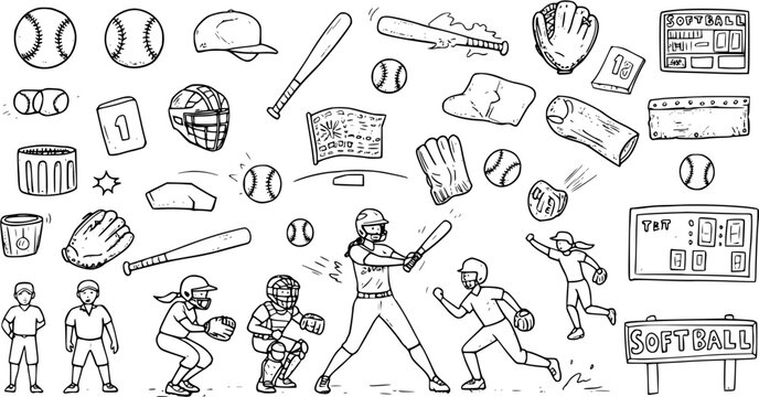 Hand-drawn Doodle Set of Softball Game Elements: Bats, Balls, Gloves, Helmets, Bases, Scoreboards, and Player Actions for Sport-themed Illustrations