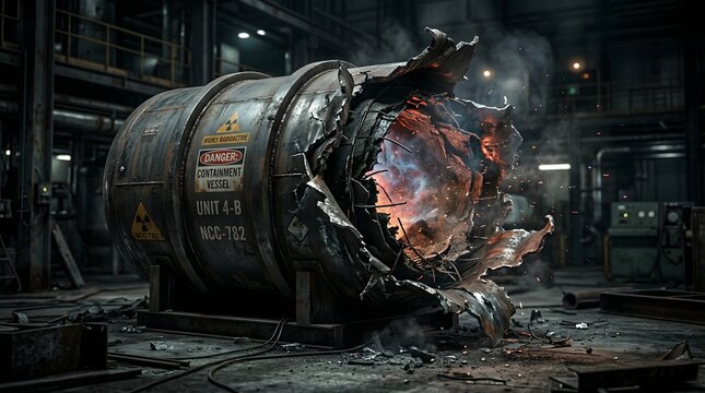 A catastrophic rupture of a nuclear containment vessel serves as a haunting metaphor for the uncontrollable release of suppressed forces and the total collapse of industrial security